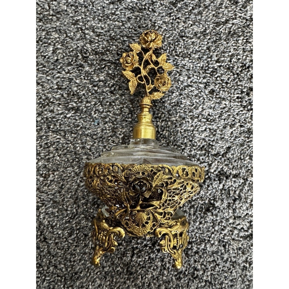 MATSON Gold Plated Ormulo Glass Perfumed Bottle & Dauber With Roses Vintage 7.7"